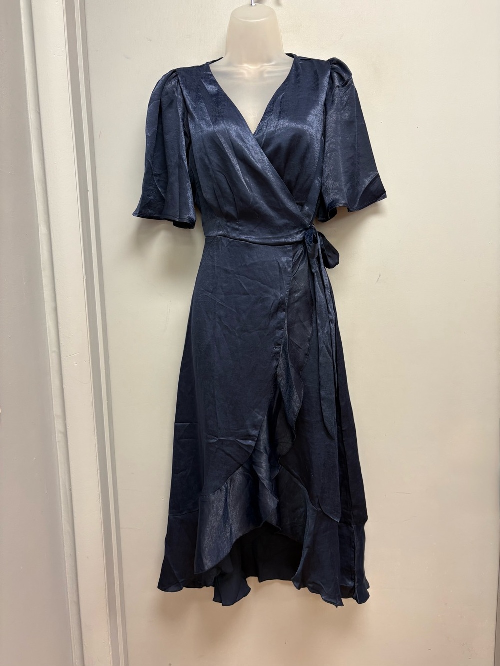 Francesca’s Navy Satin Wrap Ruffle High Low Midi Dress Size S NWT